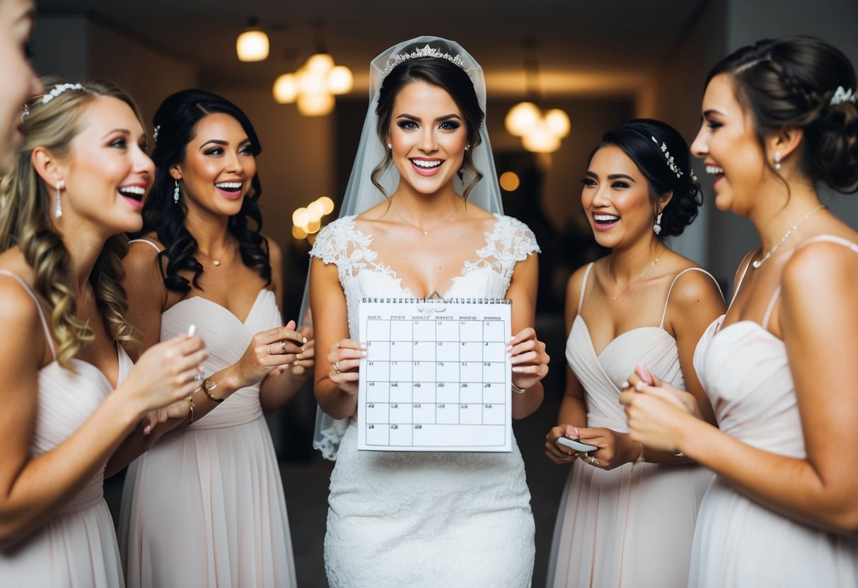 A bride-to-be holding a calendar, surrounded by her excited bridesmaids while discussing wedding details