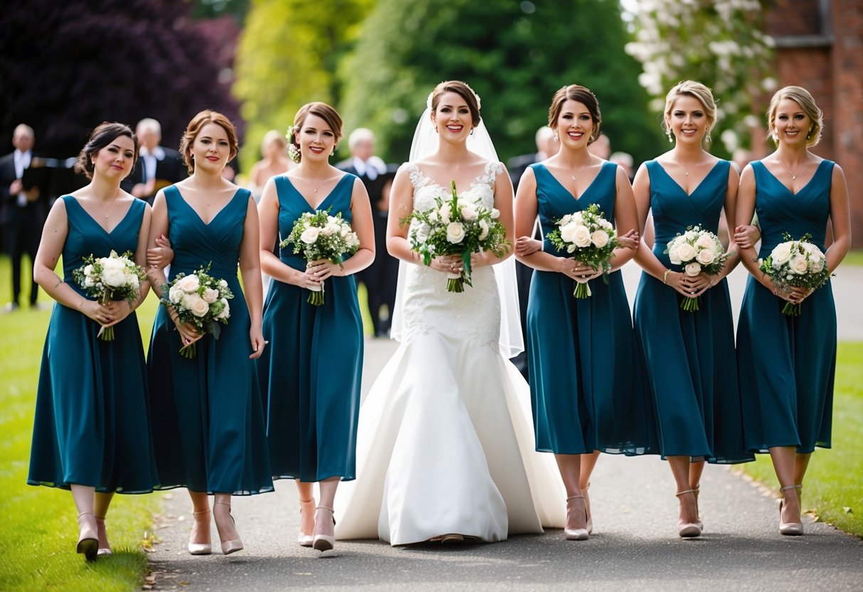Bridesmaids walk before the bride, carrying bouquets, as a string quartet plays in the background