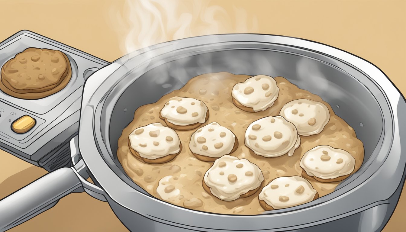 A plate of biscuits and gravy being heated in a microwave