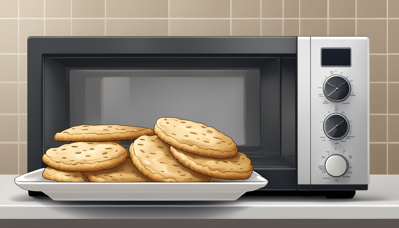 A plate of biscuits and gravy being warmed in the microwave