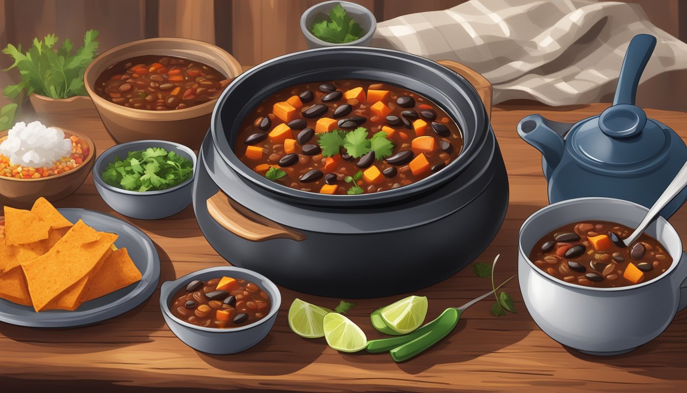 A steaming bowl of black bean and sweet potato chili sits on a rustic wooden table, surrounded by colorful bowls and spoons. A pot of chili simmers on the stove in the background