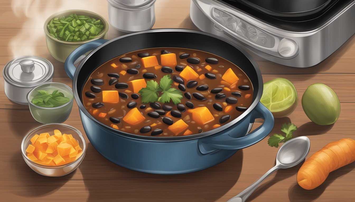 A pot of black bean and sweet potato chili simmers on the stove, steam rising as the key ingredients blend together in a fragrant, hearty stew