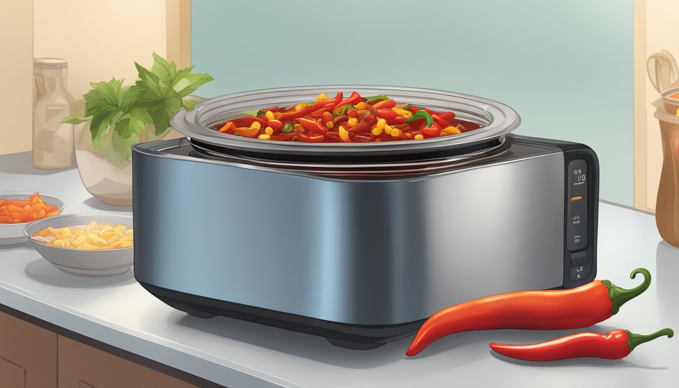 Airtight container with leftover chili being reheated in a microwave