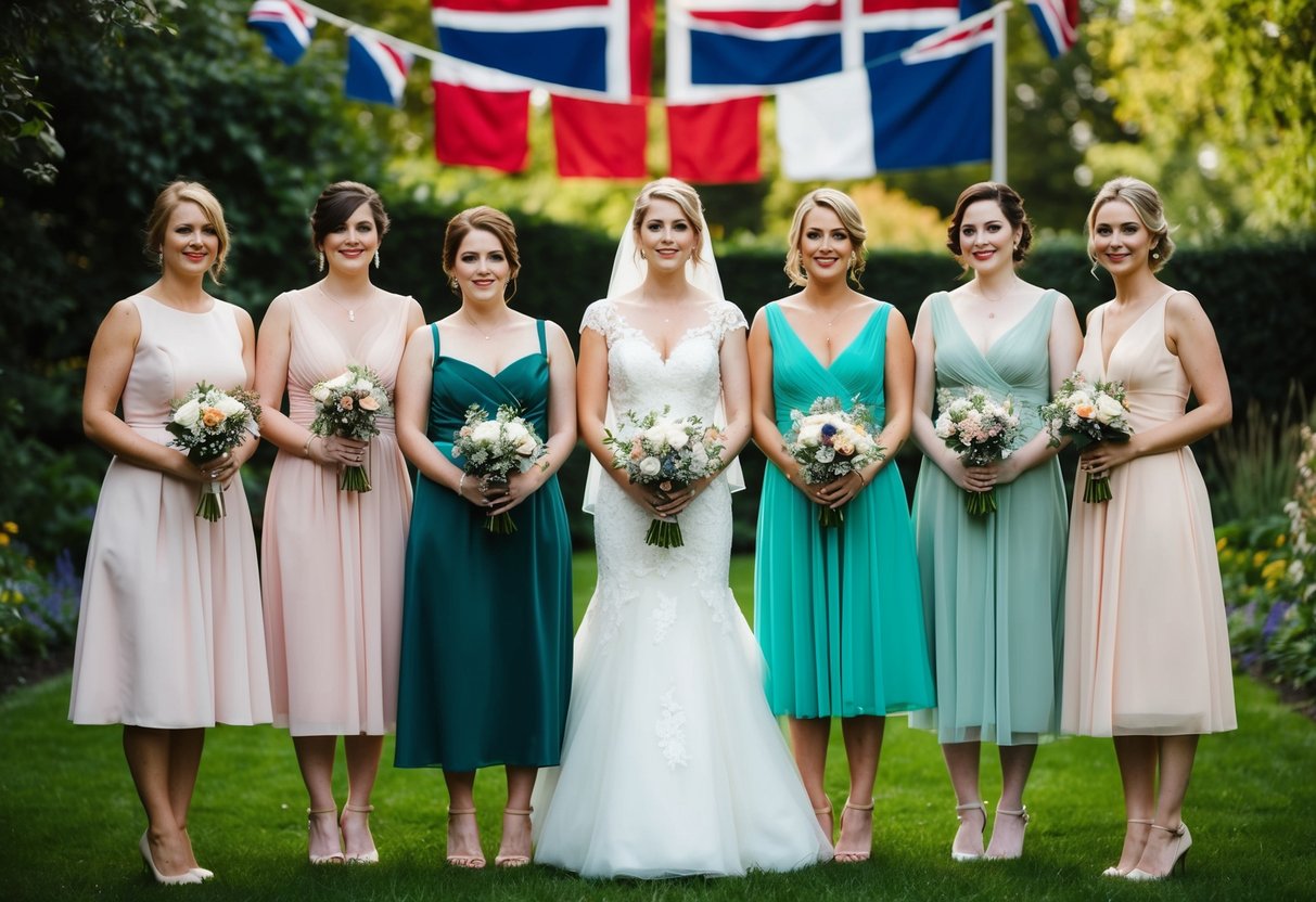 Six bridesmaids in mismatched dresses pose in a garden, holding bouquets. The UK flag hangs in the background