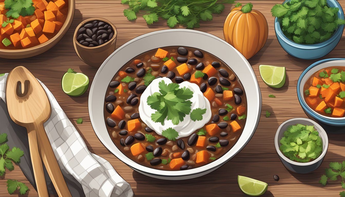 A steaming bowl of black bean and sweet potato chili sits on a rustic wooden table, surrounded by colorful ceramic bowls and a pot of fresh cilantro