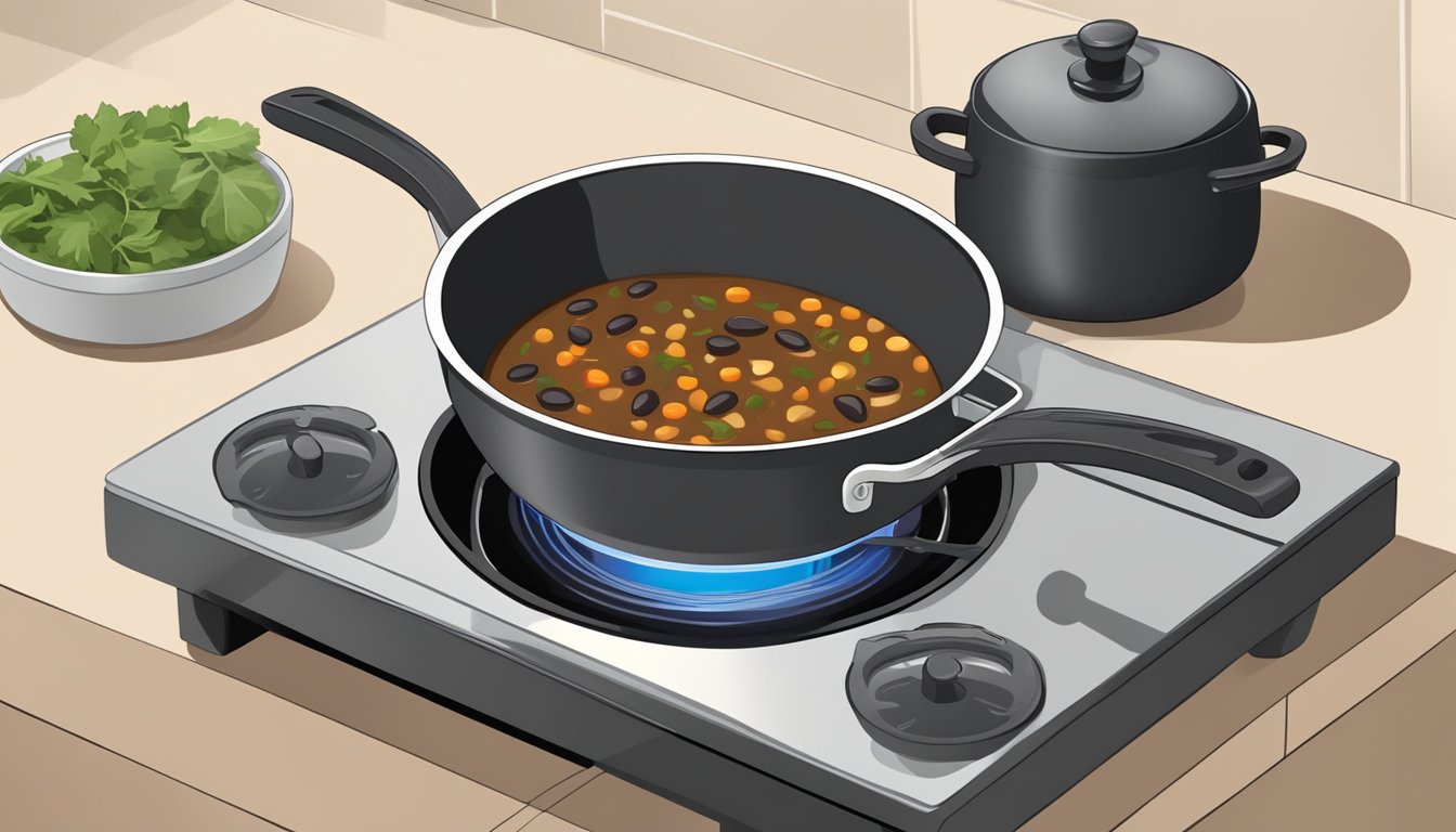 A pot of black bean soup being reheated on a stovetop