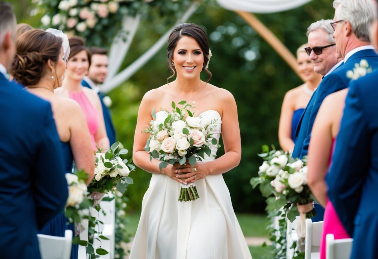 The Maid of Honor walks down the aisle with confidence and grace, holding a bouquet of flowers. She radiates elegance and support for the bride