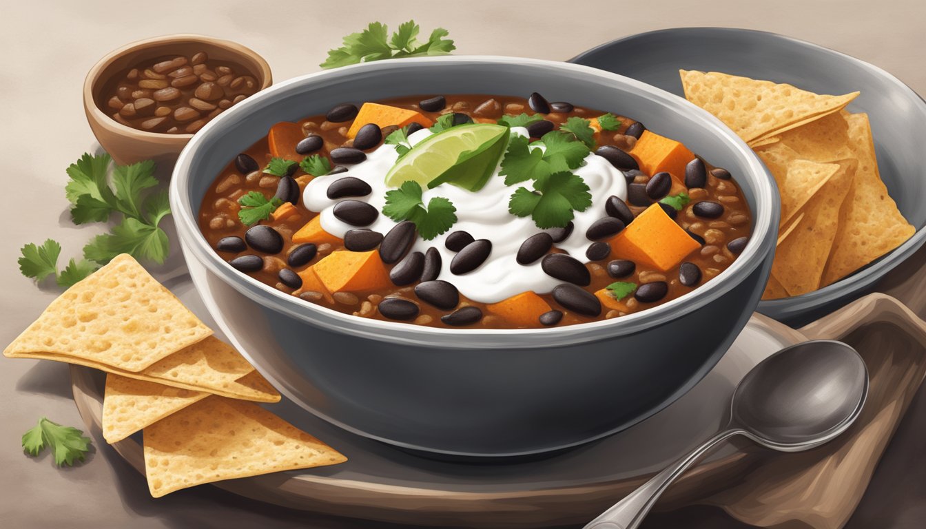 A steaming bowl of black bean and sweet potato chili topped with fresh cilantro and a dollop of sour cream, surrounded by warm tortilla chips