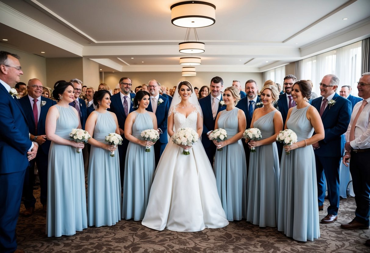A bride stands with 6 bridesmaids, surrounded by 100 guests at a wedding venue, as they determine the size of the bridal party