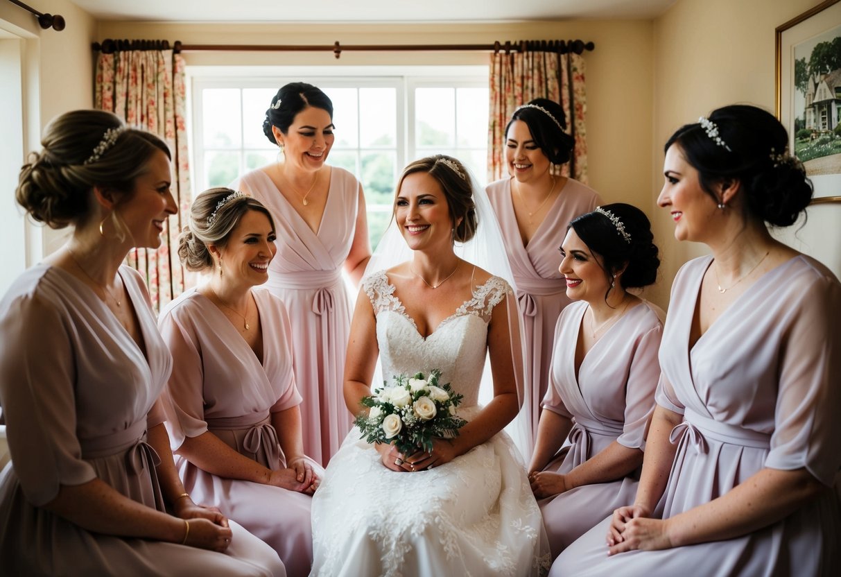 A bride surrounded by six bridesmaids in a cozy UK cottage, getting ready for her wedding day