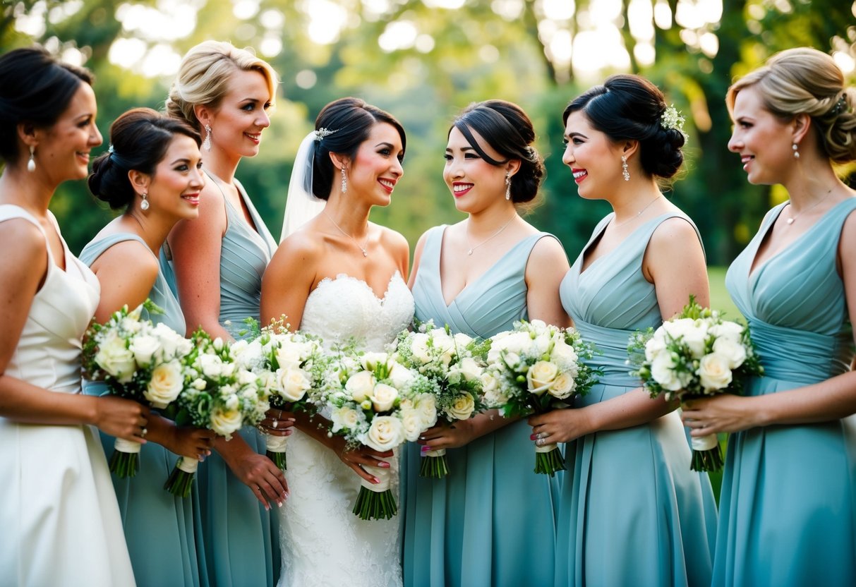A group of bridesmaids standing together, each holding a bouquet, while assisting the bride and attending to the needs of the wedding guests