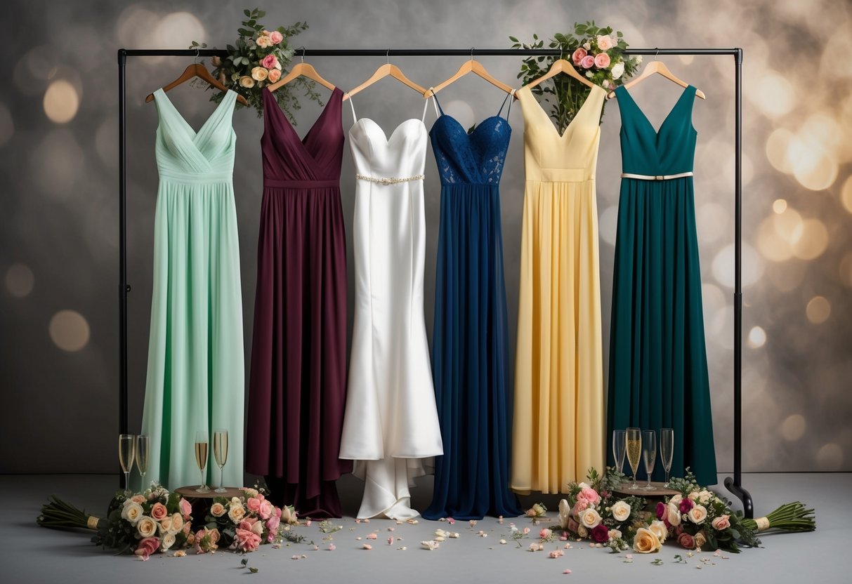 Six bridesmaid dresses of different styles and colors hung on a rack, surrounded by scattered flower bouquets and champagne glasses