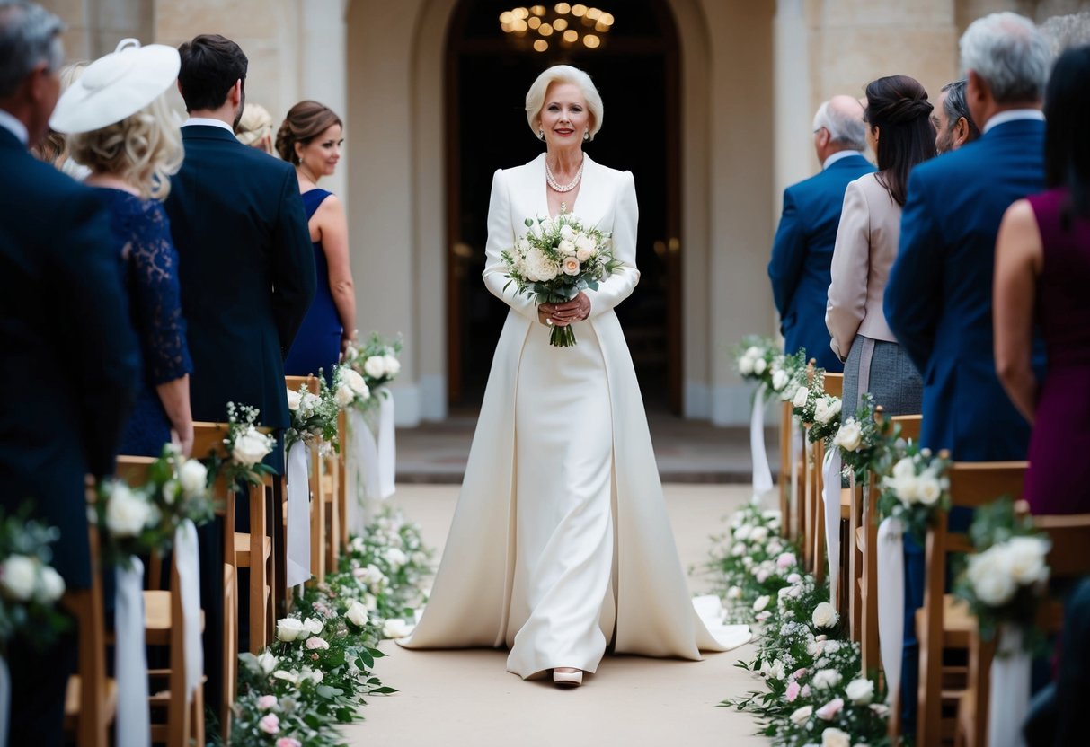 A lone figure, dressed in elegant attire, walks with grace and poise, carrying a bouquet of flowers while making her way down the aisle