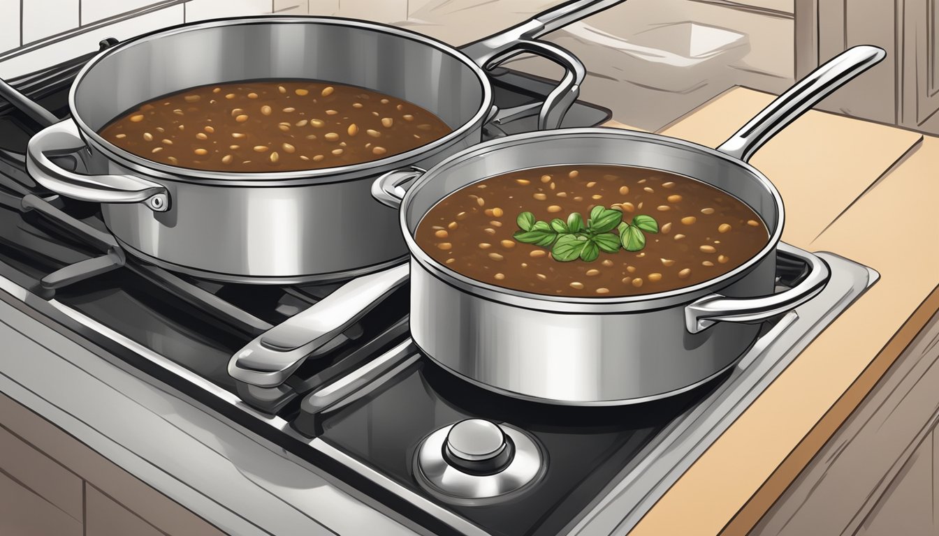 A pot of black bean soup simmering on a stovetop, steam rising as a spoon stirs the thick, hearty mixture