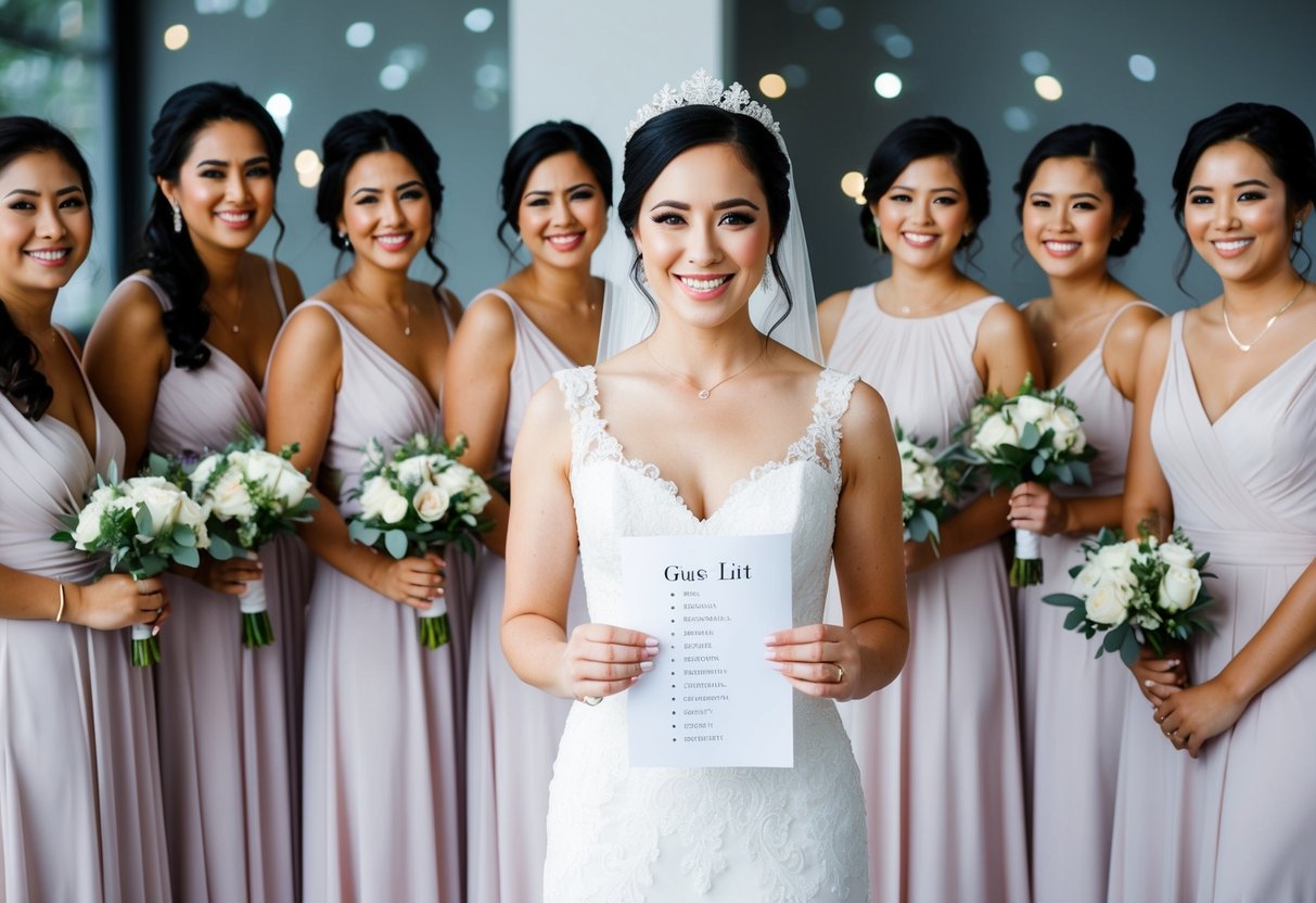 A bride standing in front of a group of 5 bridesmaids, all smiling and looking happy. The bride is holding a piece of paper with a guest list on it
