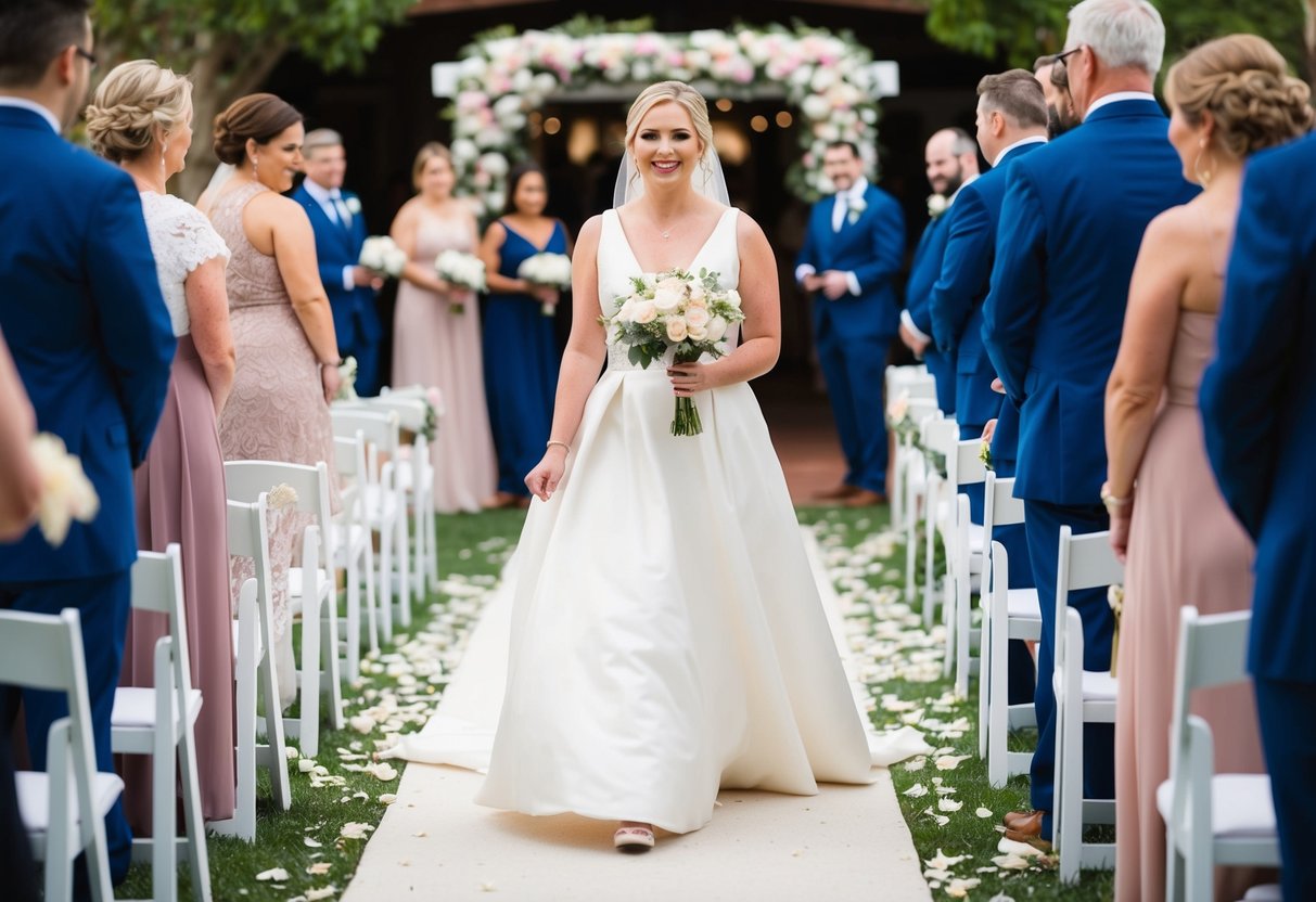 The maid of honor walks confidently down the aisle, scattering flower petals behind her as she leads the bridal party out of the ceremony
