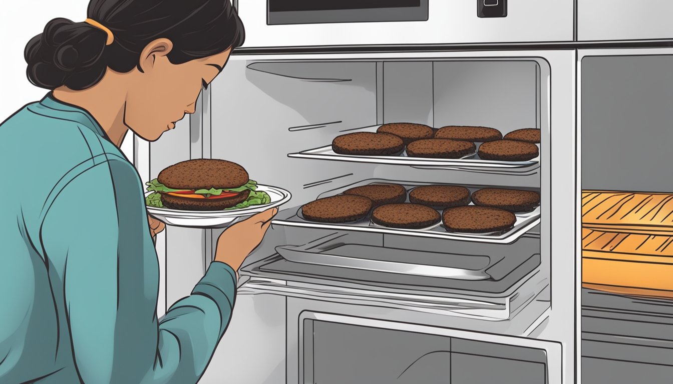 A person placing black bean burgers in an airtight container in the refrigerator, then later reheating them on a grill