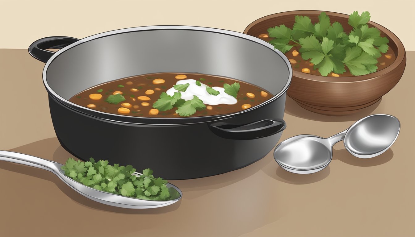 A pot of black bean soup being reheated on a stovetop, with a ladle and a bowl next to it. A garnish of fresh cilantro and a dollop of sour cream on top