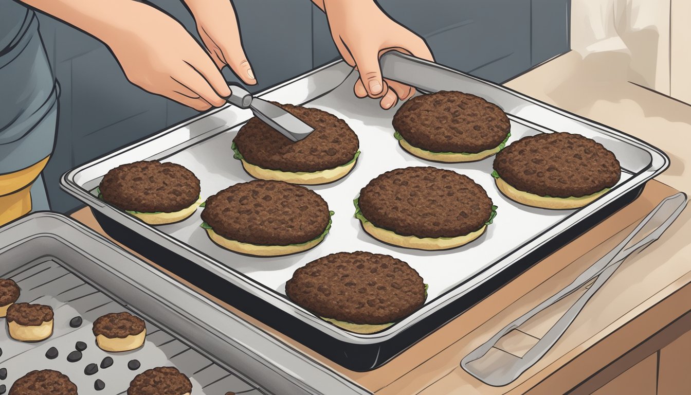 A person placing black bean burgers on a baking tray lined with parchment paper, getting ready to preheat the oven