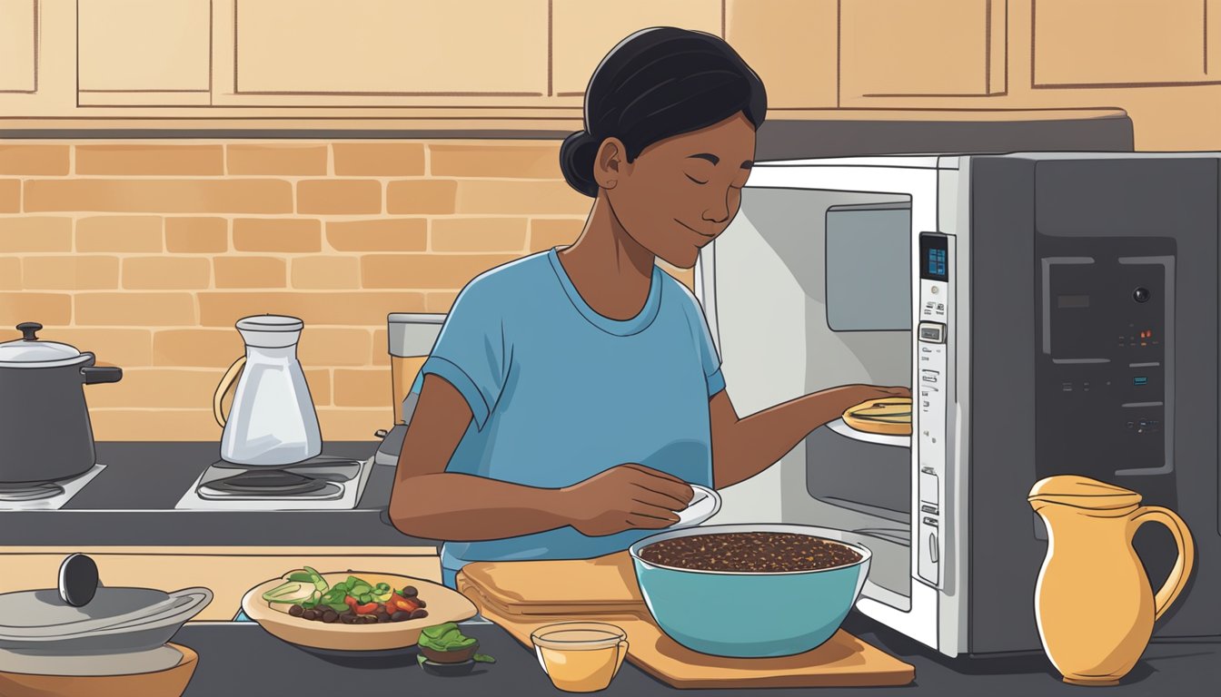 A person using a microwave to reheat a bowl of black bean soup