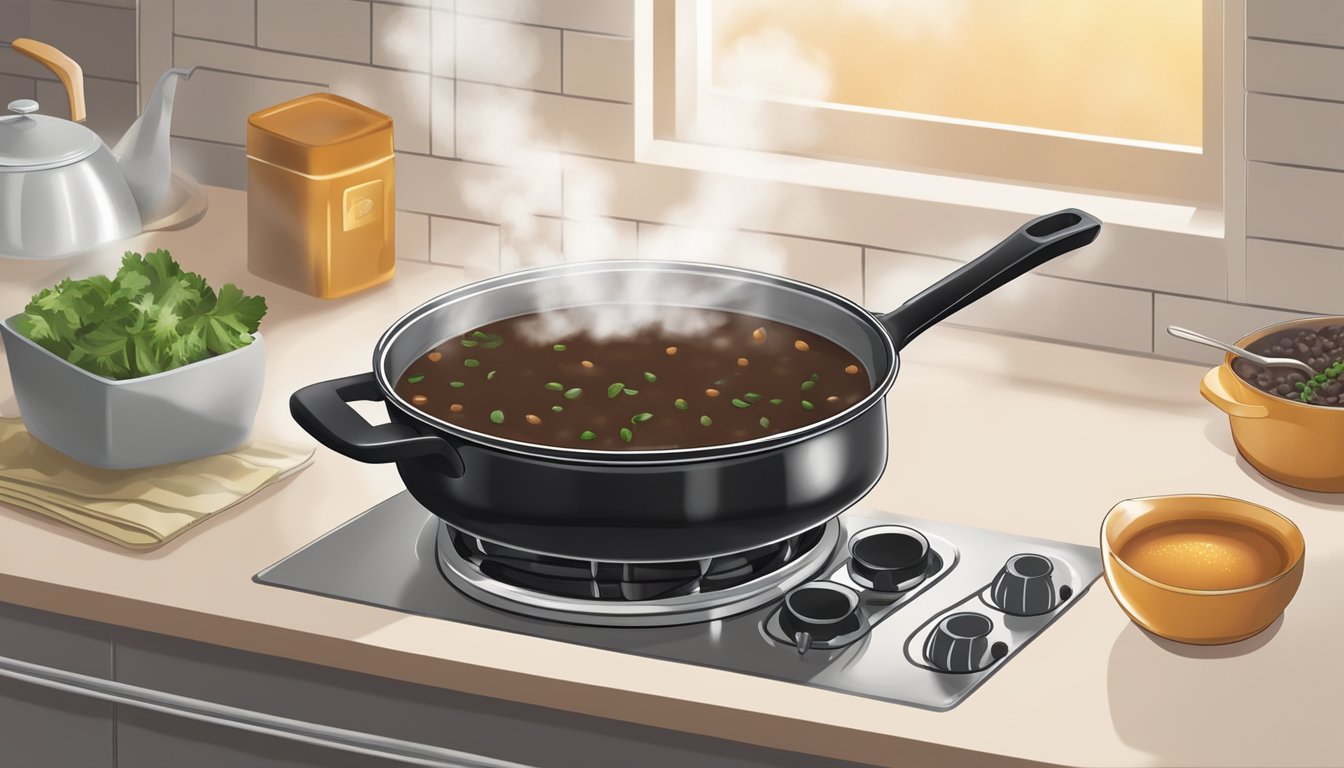 A pot of black bean soup is being reheated on a stovetop, with steam rising from the simmering liquid