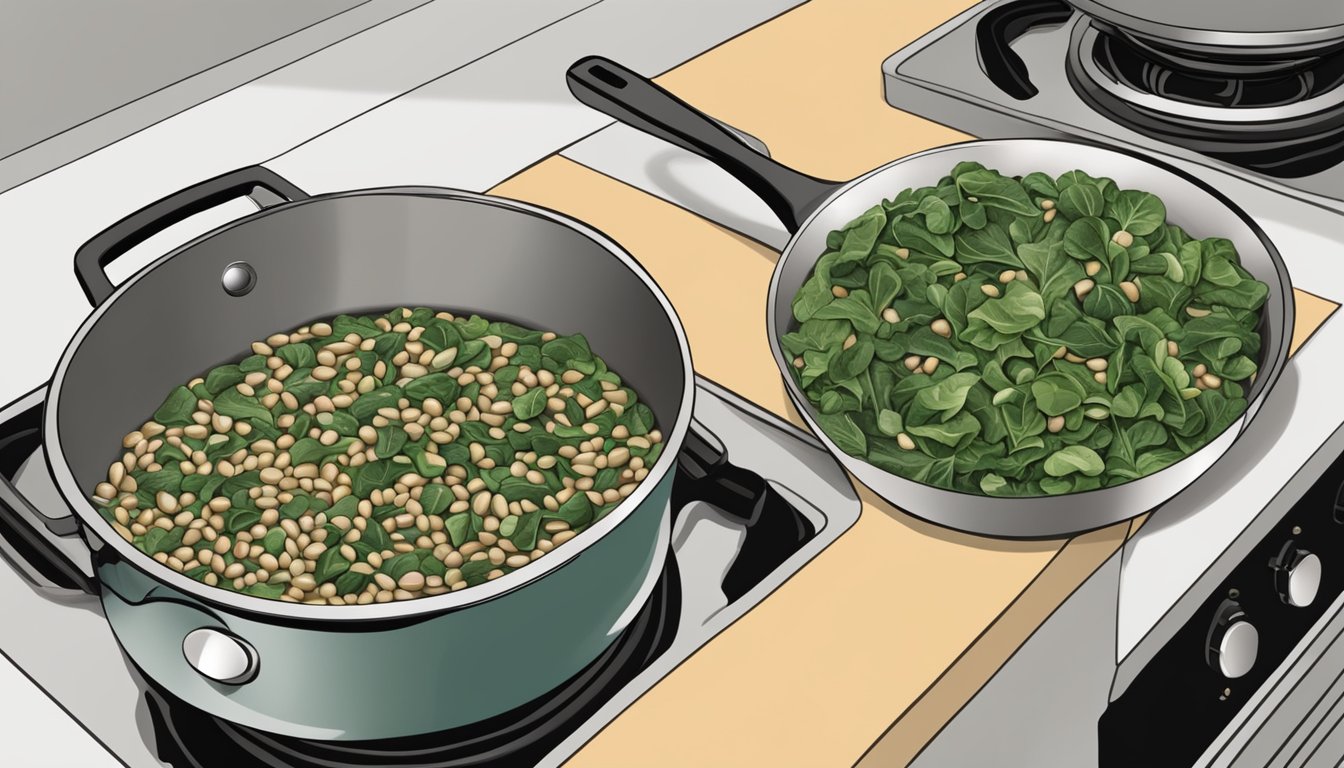 A pot of black eyed peas and collard greens being gently reheated on a stovetop