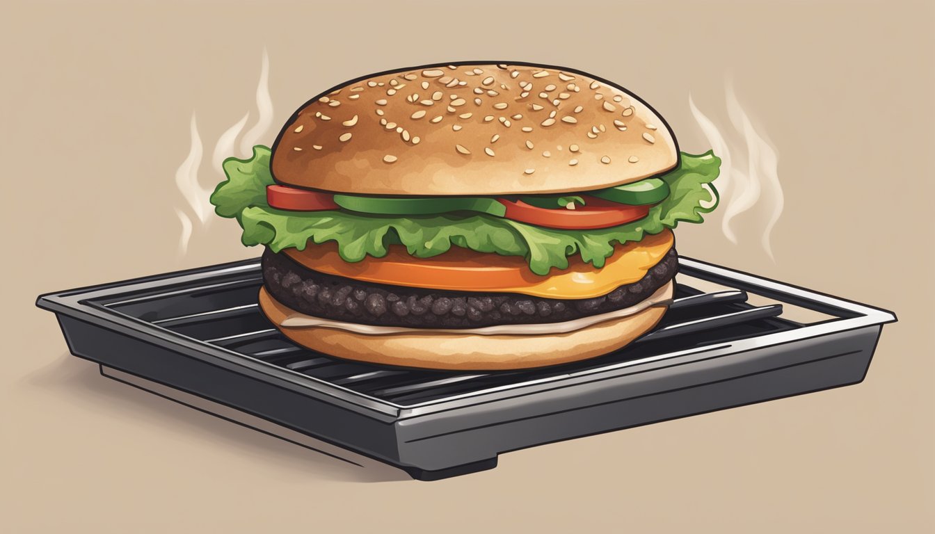 A black bean burger being reheated on a sizzling grill