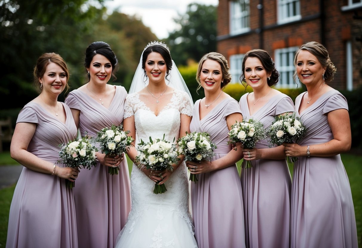 A group of bridesmaids in traditional dresses pose for a photo at a wedding in the UK