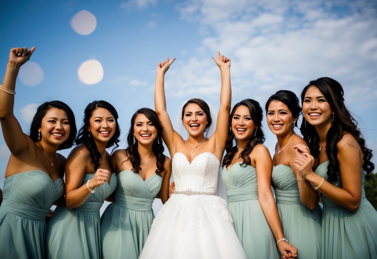 A bride surrounded by a group of close friends, all dressed in matching attire, standing together in a joyful and celebratory manner