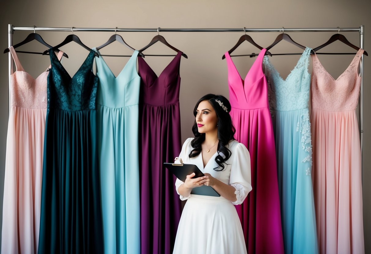 Seven bridesmaid dresses hanging on a rack, varying in colors and styles. A bride holding a clipboard, looking thoughtful