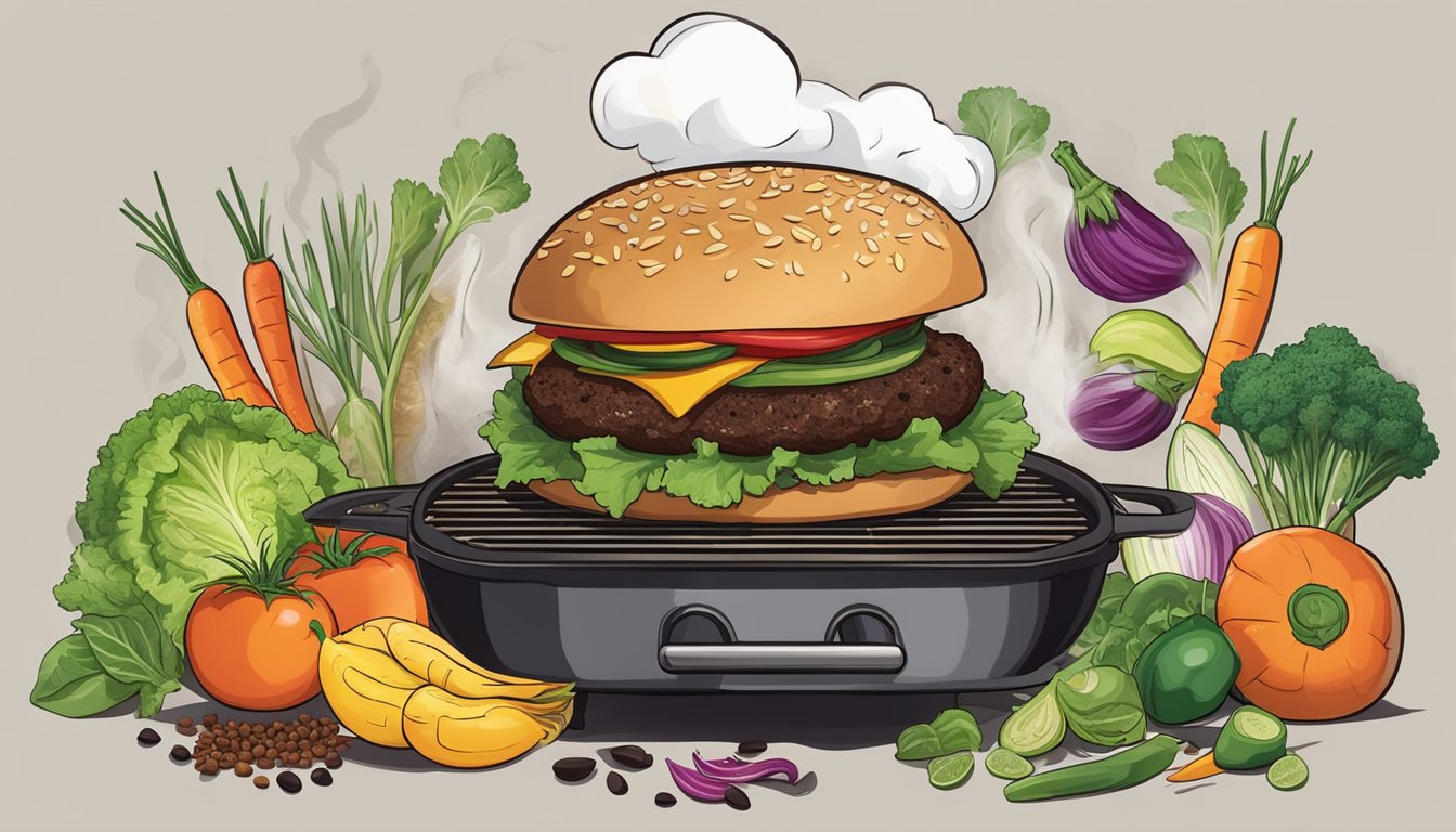 A black bean burger sizzling on a hot grill, steam rising as it heats up, surrounded by a variety of colorful vegetables and spices