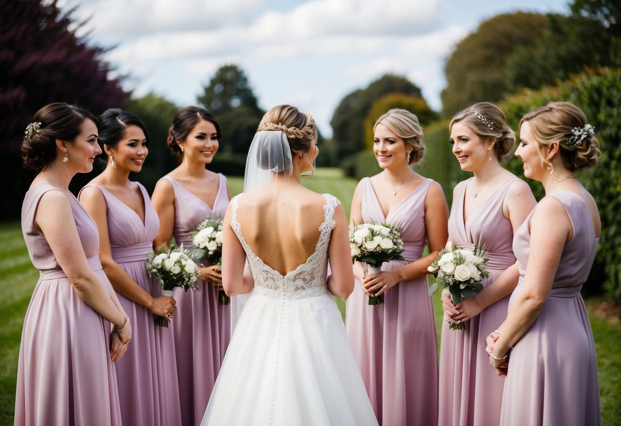 A group of bridesmaids standing in a line, with the bride in the center, discussing and deciding on the number of bridesmaids for a wedding in the UK