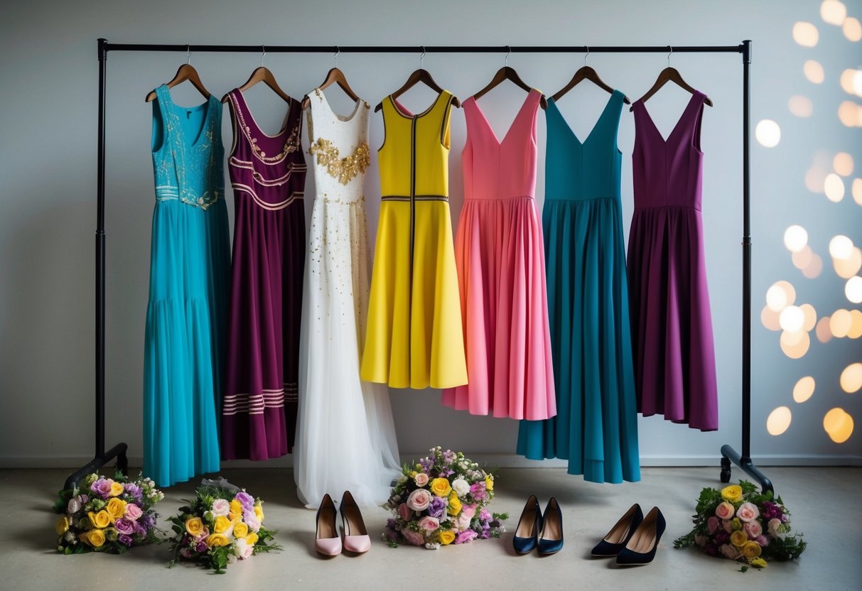Seven colorful dresses hanging on a rack, each with unique details and styles. Bouquets of flowers and scattered shoes on the floor