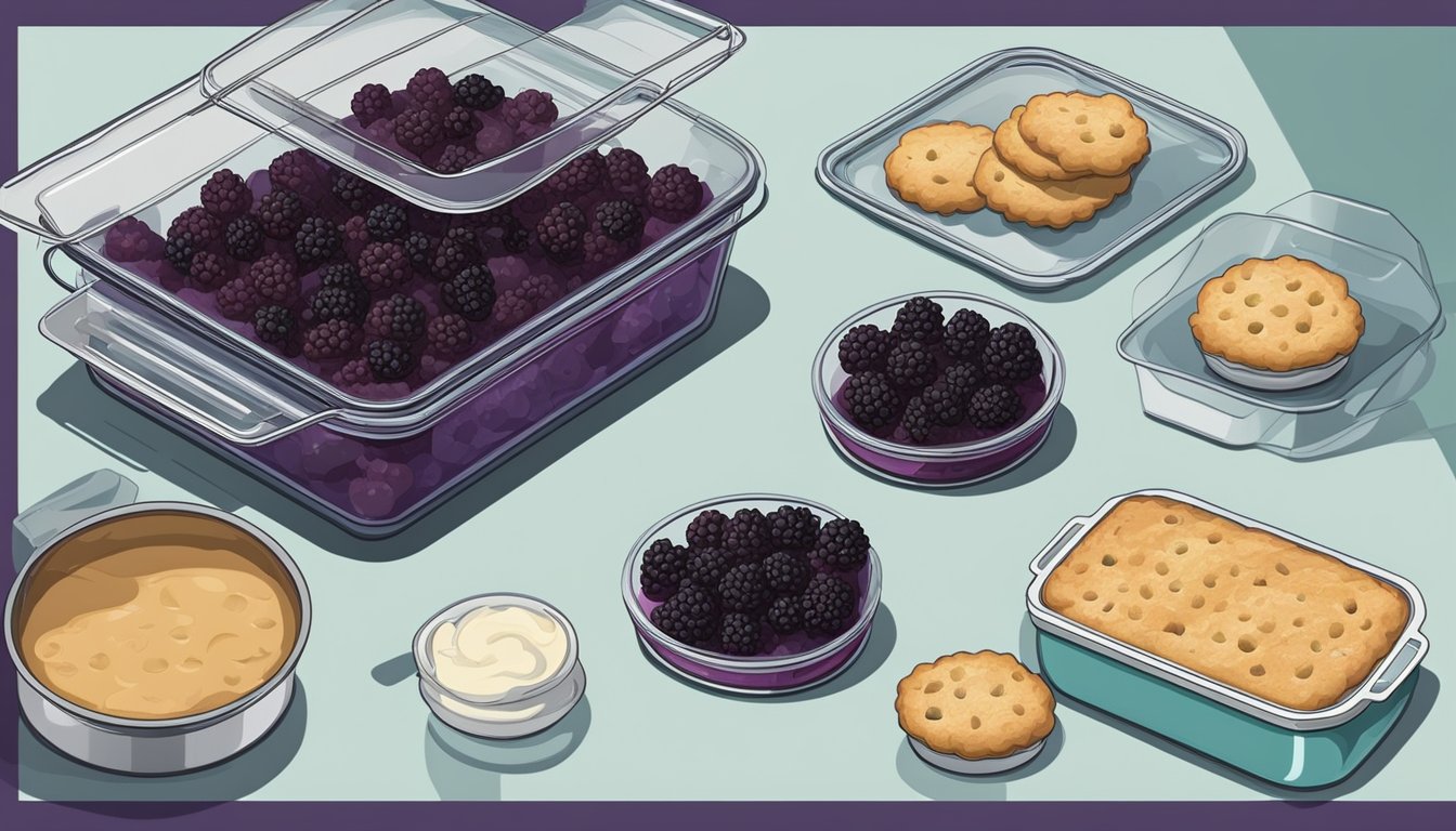 Freshly baked blackberry cobbler cooling on a wire rack. Airtight container with lid labeled "Cobbler" in a refrigerator. Microwave with a plate of cobbler inside