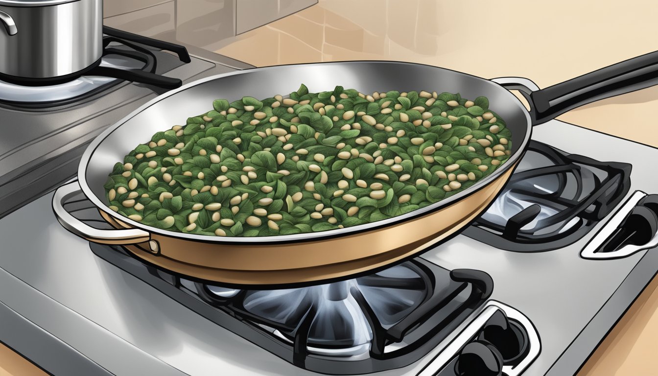 A steaming pot of black-eyed peas and collard greens being gently reheated on a stovetop