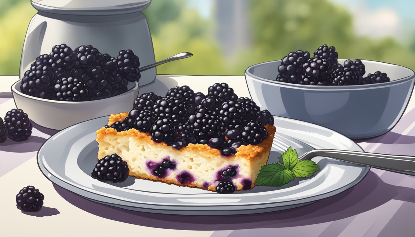 A slice of blackberry cobbler sits on a white ceramic plate, surrounded by a scattering of fresh blackberries. A microwave and oven are visible in the background