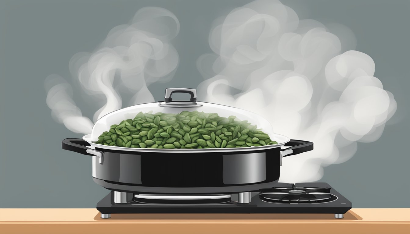 A pot of black eyed peas and collard greens being gently reheated on a stovetop, with steam rising and the aroma of the flavors intensifying