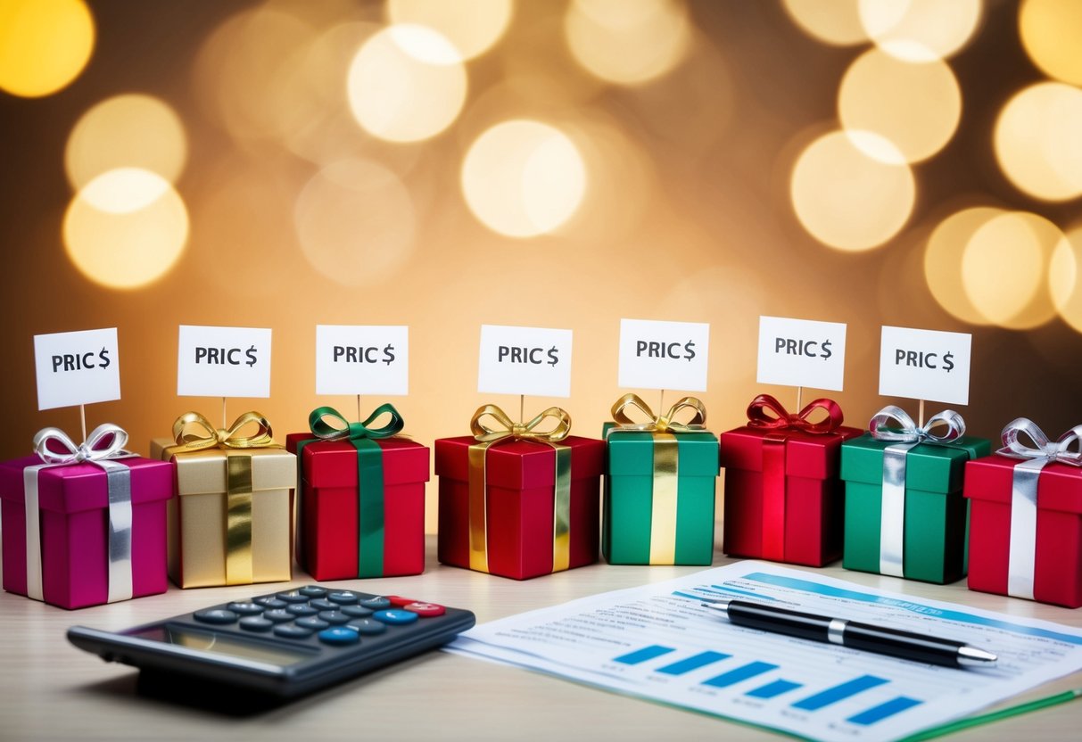 Seven gift boxes arranged in a row, each with a different price tag. A calculator and budget spreadsheet sit nearby