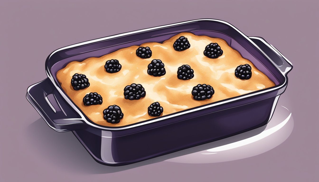 A blackberry cobbler sits in a baking dish inside a preheated oven. The warm, sweet aroma fills the kitchen as the dessert reheats to perfection