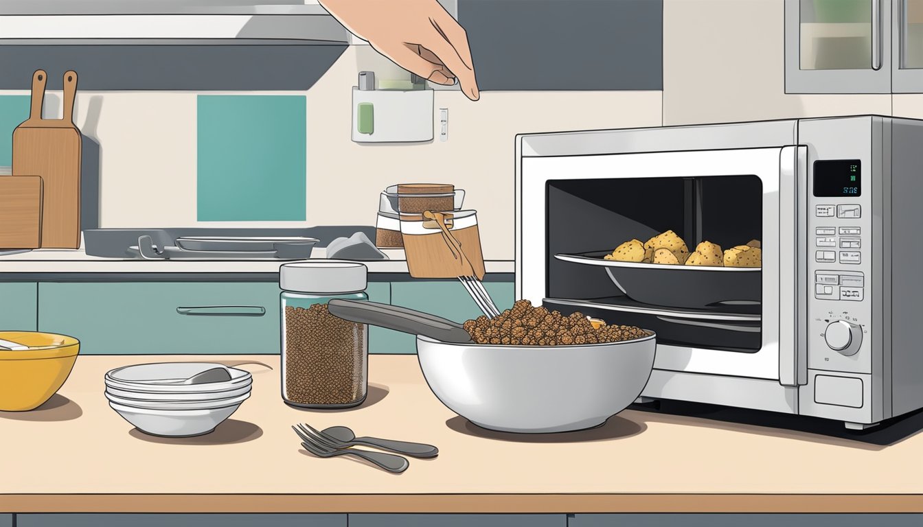 A hand reaching for a container of black pepper tofu, a microwave in the background, a plate and utensils ready on the counter