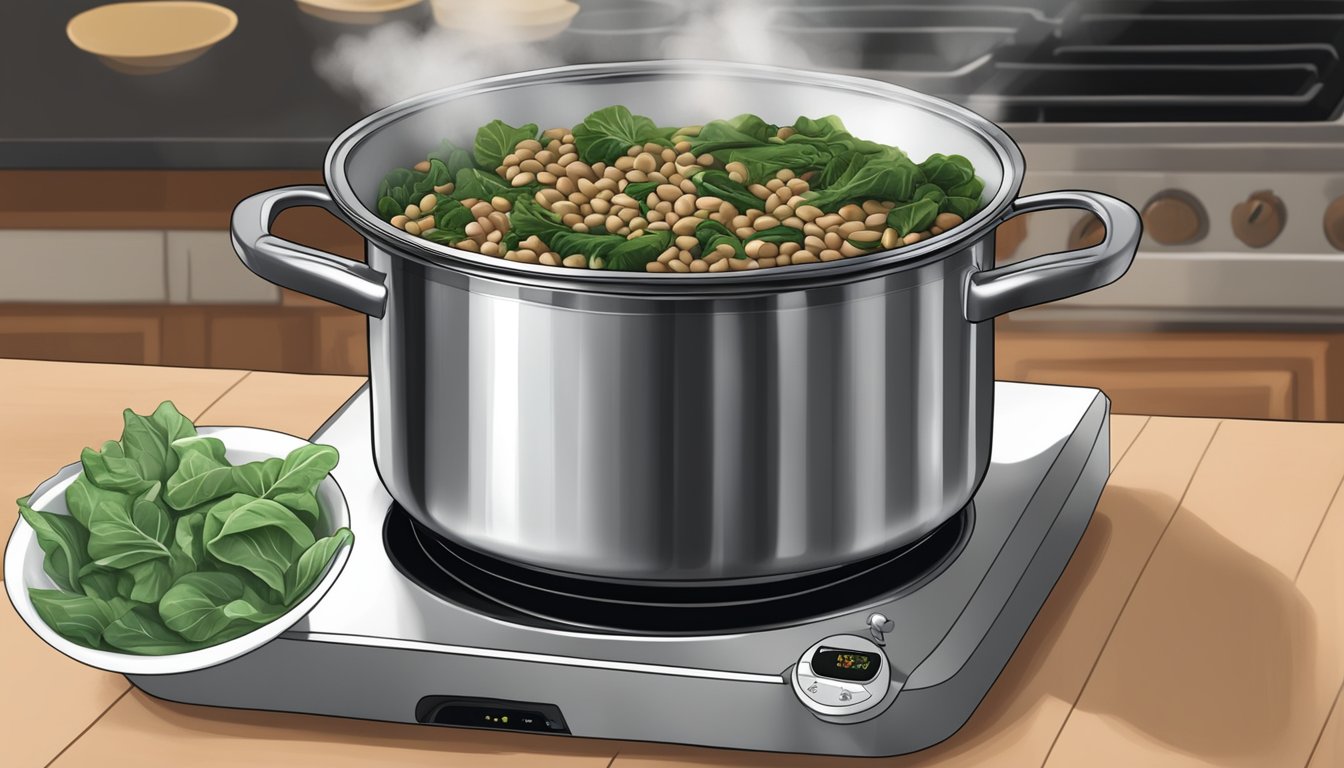 A pot of black eyed peas and collard greens being gently reheated on a stovetop, steam rising from the simmering vegetables