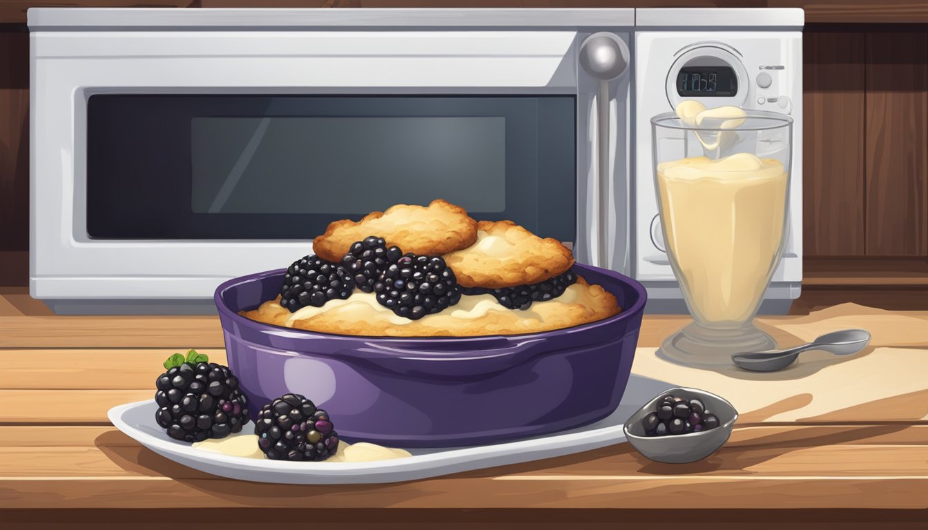 A blackberry cobbler sits in a ceramic dish on a rustic wooden table, with a scoop of vanilla ice cream melting on top. A microwave and oven are nearby, ready for reheating