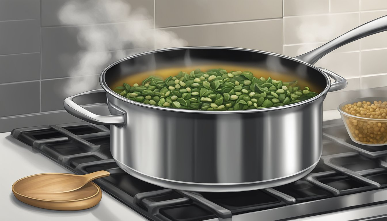 A pot of black eyed peas and collard greens simmering on a stovetop, steam rising from the pot, with a spoon resting on the edge