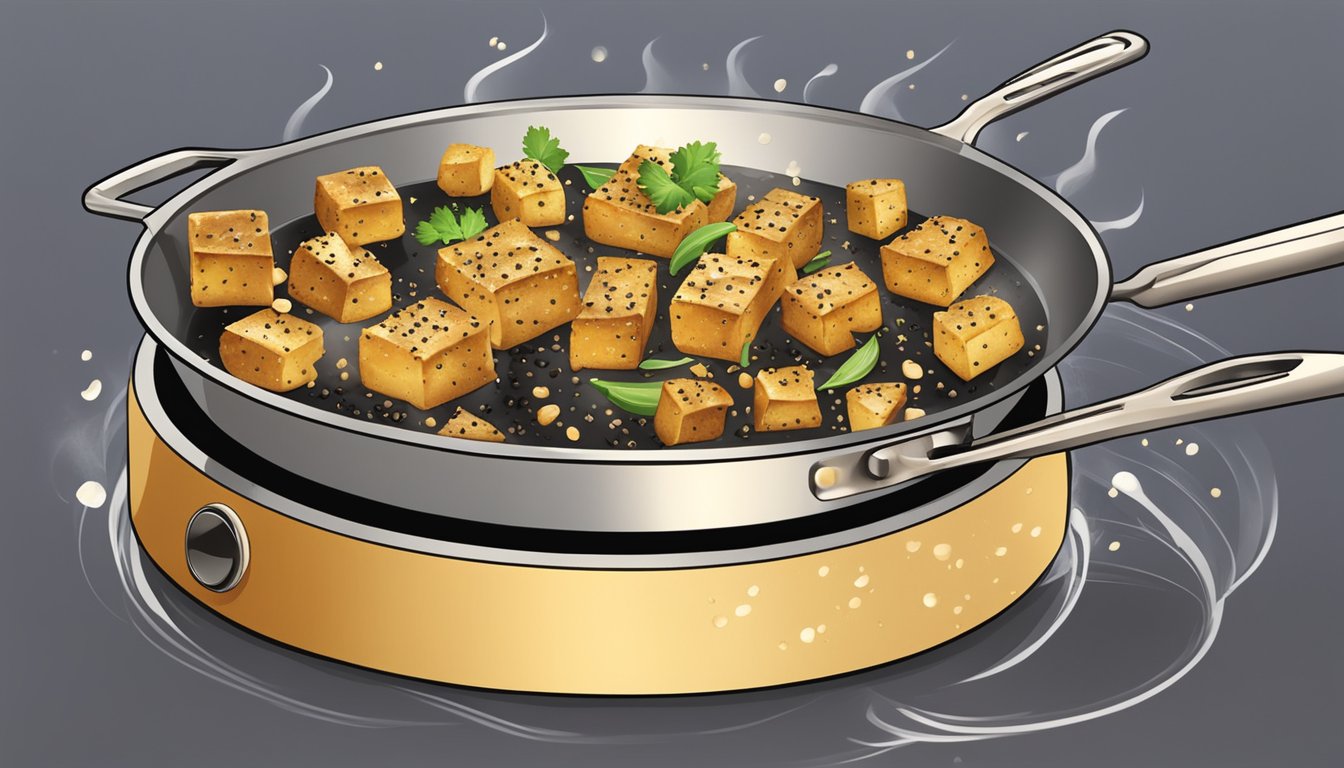 A skillet sizzling with black pepper tofu, a spatula flipping the pieces, steam rising, preserving its golden crunch