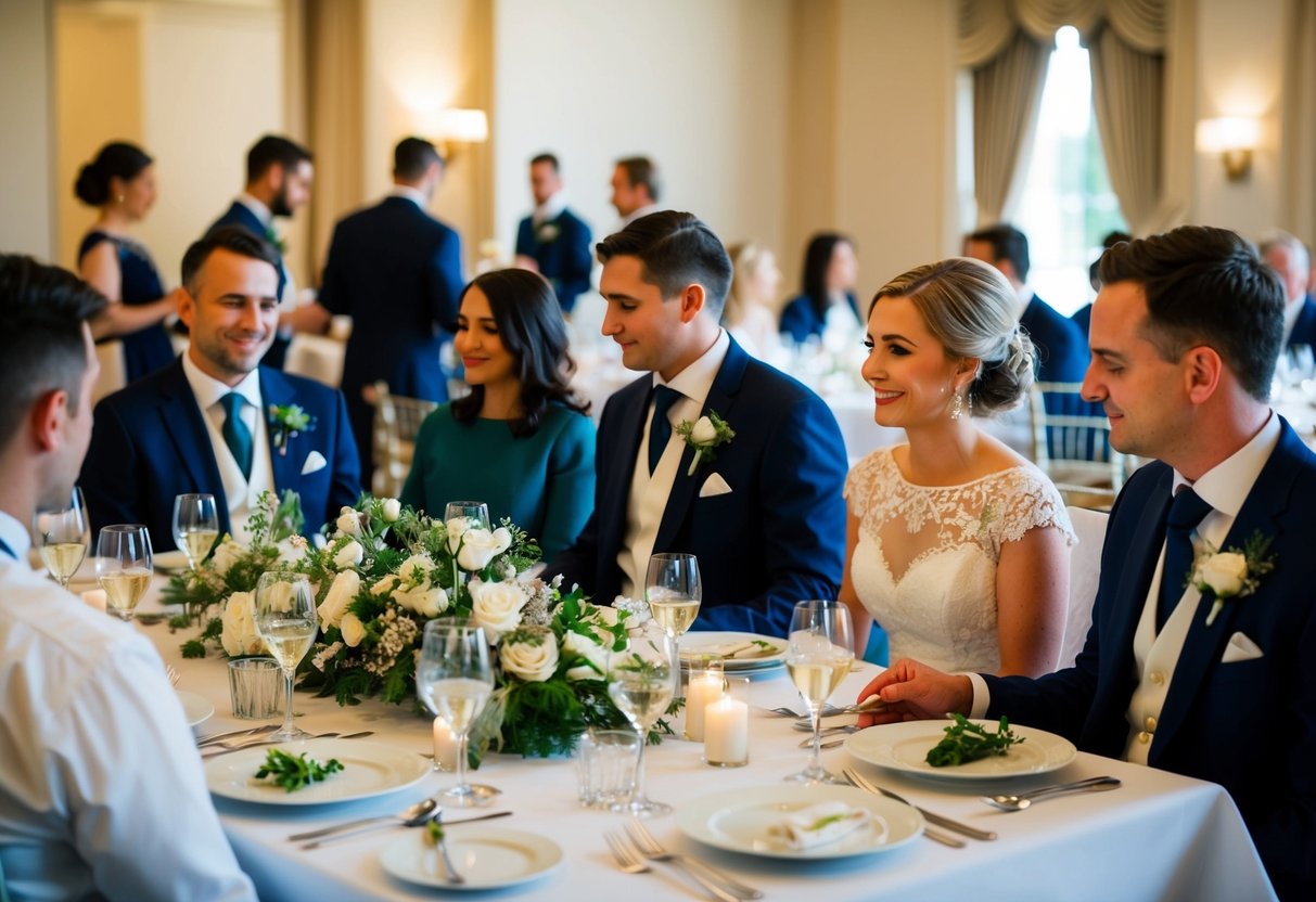 A 3-course meal at a wedding takes 1-2 hours. The setting is elegant with tables adorned in linens, cutlery, and glassware. Waitstaff serve each course to seated guests