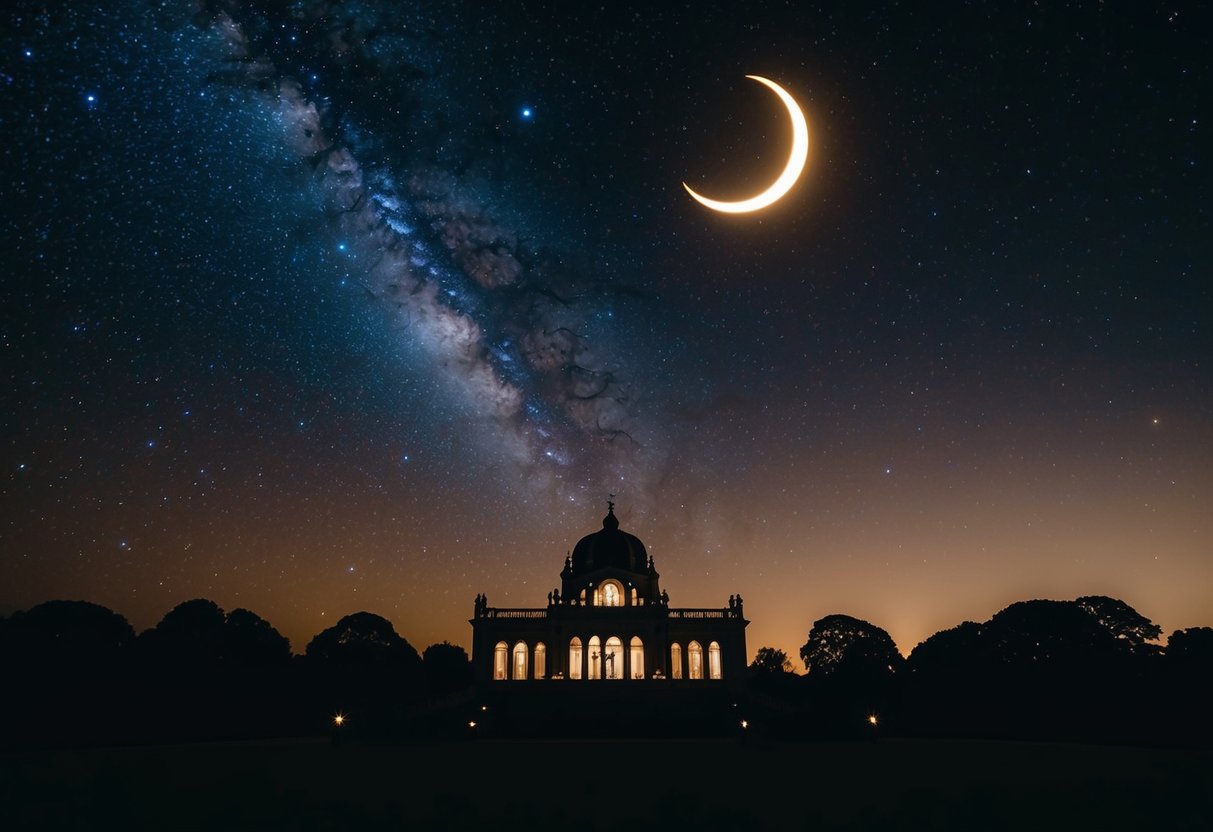 A dark sky with twinkling stars, a glowing crescent moon, and a silhouette of a grand, ornate wedding venue