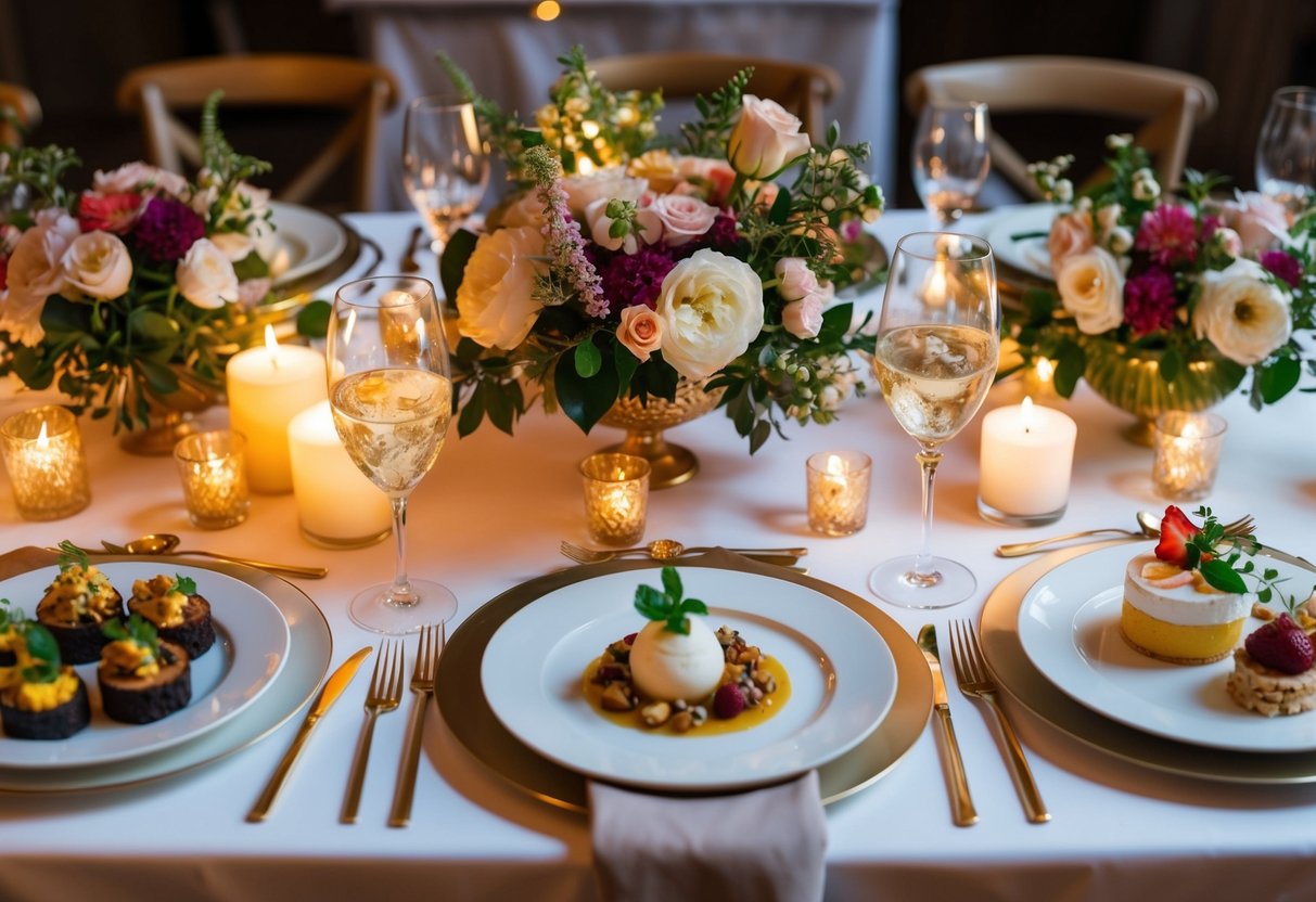 A beautifully set table with three elegant courses, including appetizers, entrees, and desserts, surrounded by floral centerpieces and glowing candlelight