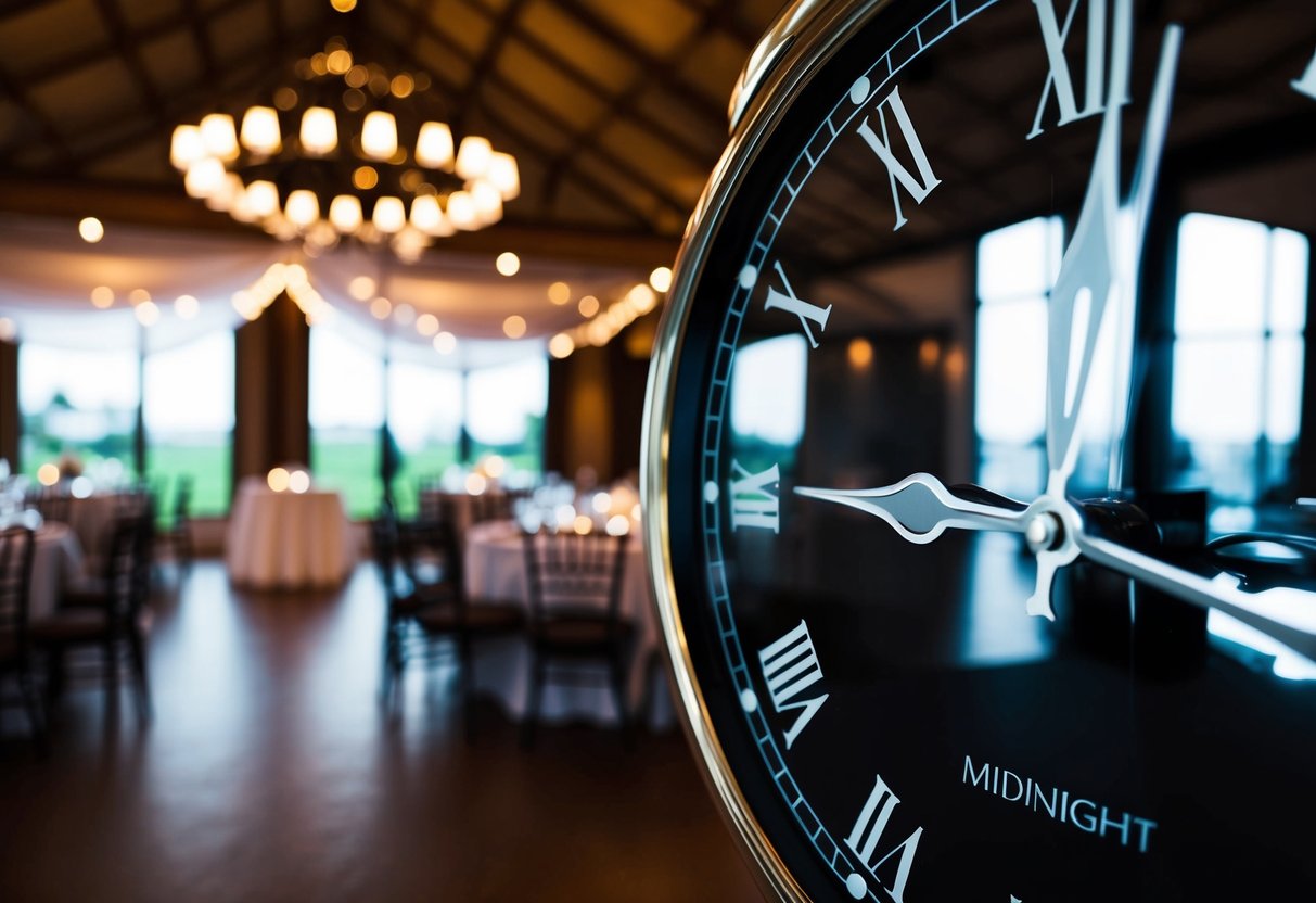 A clock showing the time approaching midnight, with a wedding venue in the background, empty and dark