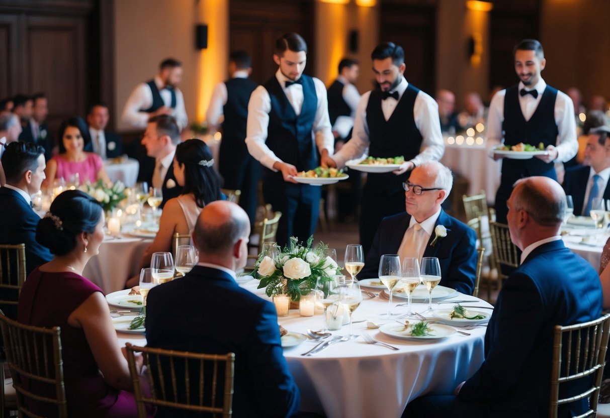 Guests seated at round tables in a dimly lit reception hall, waiters serving a three-course meal with elegant plating and wine glasses on the tables