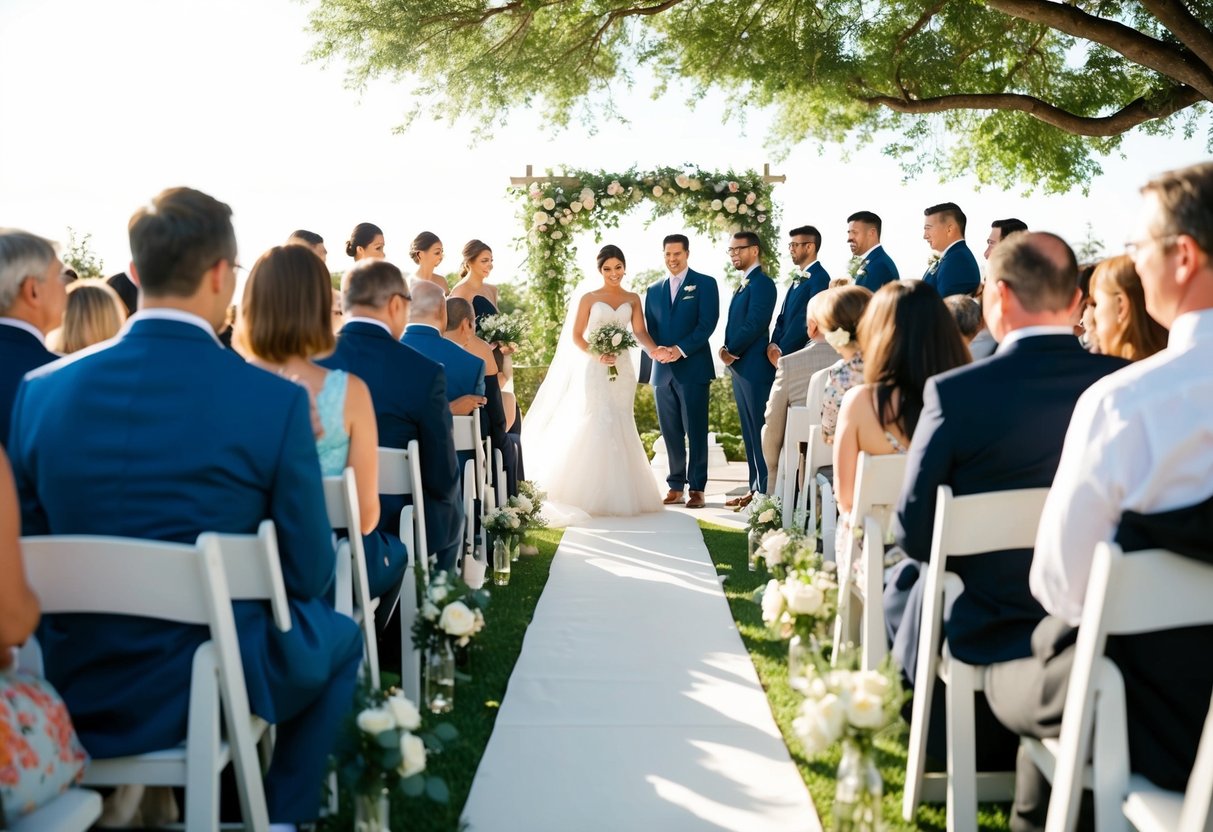 A sunlit outdoor wedding ceremony begins as guests take their seats